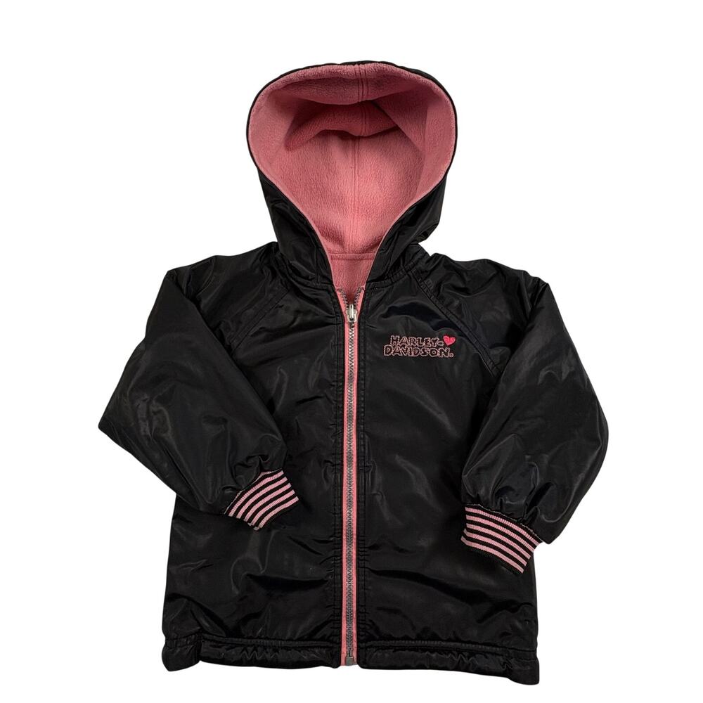 Harley-Davidson Reversible Hoodie Jacket Girls 4T Black Pink Biker Coat